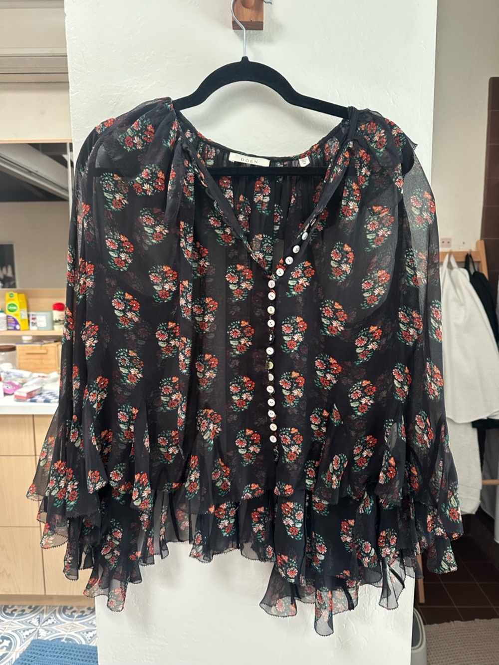 Doen Black Sheer Ruffle Blouse with Red Floral Print